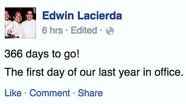 COUNTING THE DAYS. Presidential spokesperson Edwin Lacierda marks in a Facebook post the last year of the Aquino administration. Screenshot of Facebook.com 
