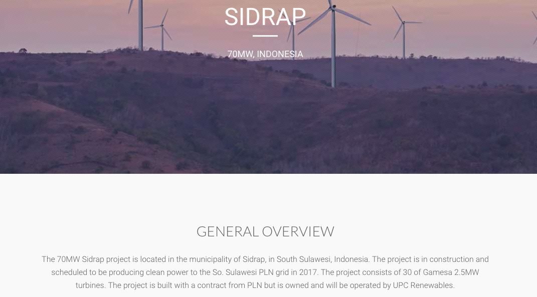 SIDRAP WIND FARM. Screenshot from UPC Renewables' website 