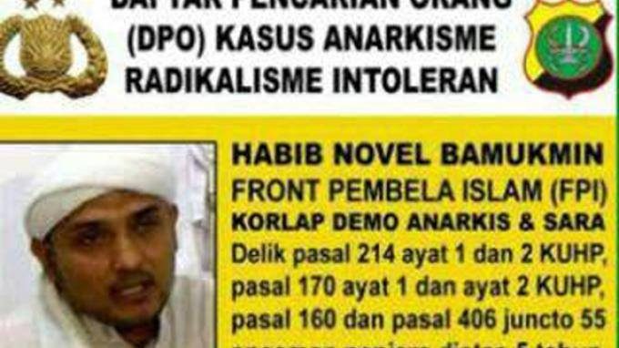 WANTED MAN. An image showing FPI leader Habib Novel Bamukmin on the police wanted list, as shared by the Jakarta Police's official Facebook page. 