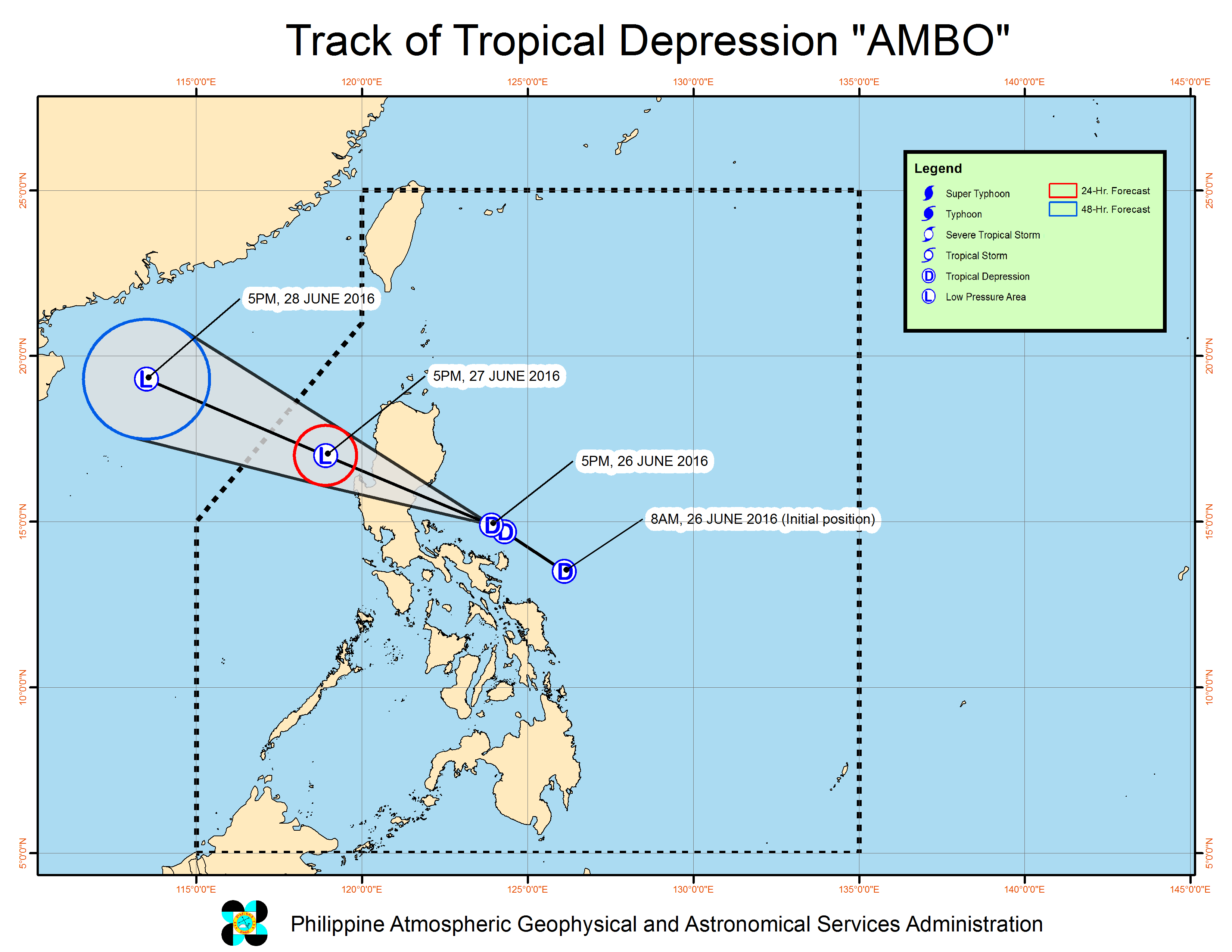Forecast track of Tropical Depression Ambo as of June 26, 8 pm. Image courtesy of PAGASA 
