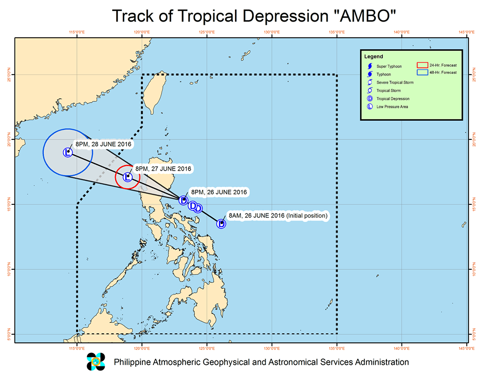 Forecast track of Tropical Depression Ambo as of June 26, 11 pm. Image courtesy of PAGASA 