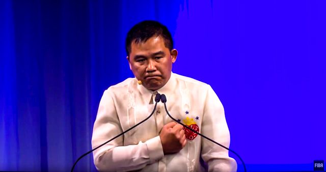 PASSION. Former Gilas Pilipinas head coach Chot Reyes spoke with much passion as he presented in the 2019 FIBA World Cup final bid. Screengrab from FIBA YouTube account 
