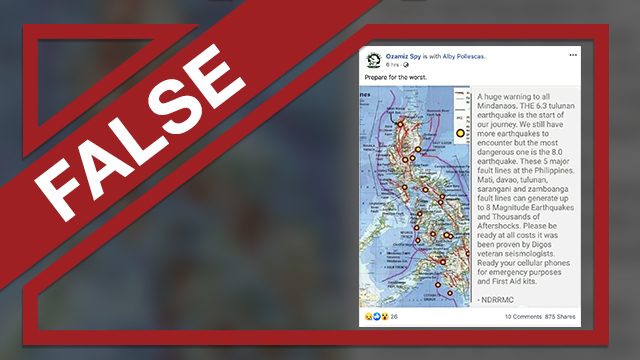 FALSE: Magnitude 8.0 earthquake next to hit Mindanao – NDRRMC