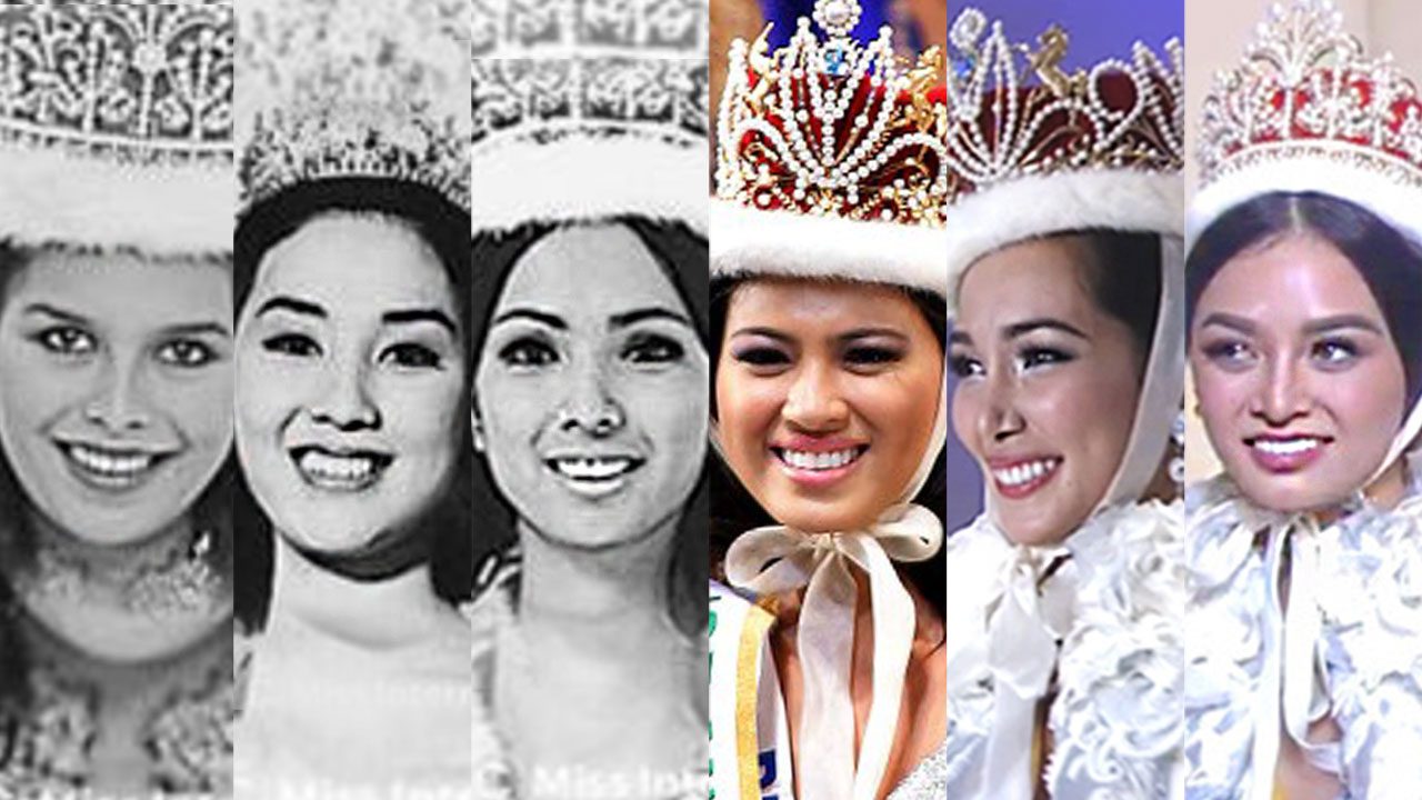THE 6 MISS INTERNATIONAL PH QUEENS.  The Philippines has produced 6 queens in the competition including 2016's Kylie Verzosa. Photos from Miss International website/YouTube/Miss International/AFP 