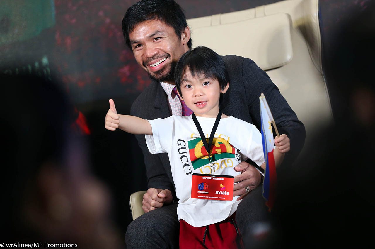 SCENE STEALER. Manny Pacquiao's son Israel joins the boxing star on stage during the Pacquiao-Matthysse fight press conference at the Hilton Hotel in Kuala Lumpur, Malaysia, on July 12, 2018. Photo by Wendell Alinea/MP Promotions   