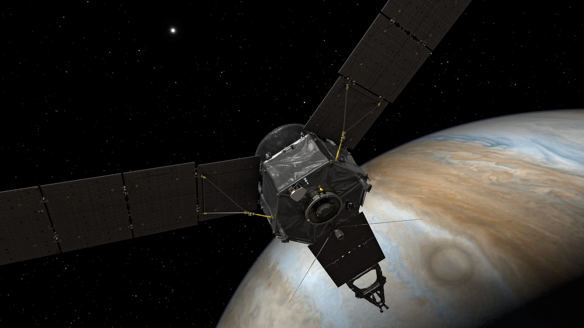 This illustration depicts NASA's Juno spacecraft at Jupiter, with its solar arrays and main antenna pointed toward the distant sun and Earth. Credits: NASA/JPL-Caltech  