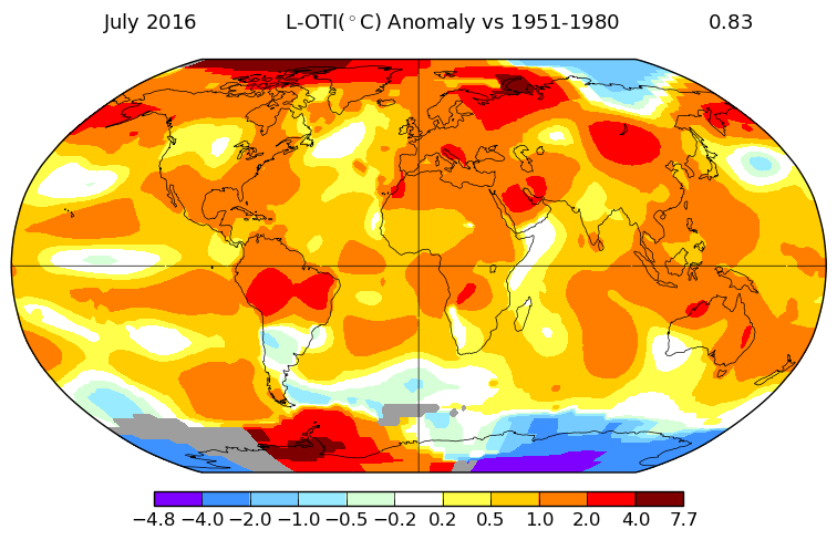 GLOBAL PICTURE. July 2016 vs 1950-1980 global average temperatures. The redder the area, the bigger the temperature difference. Image courtesy of NASA/GISS  
