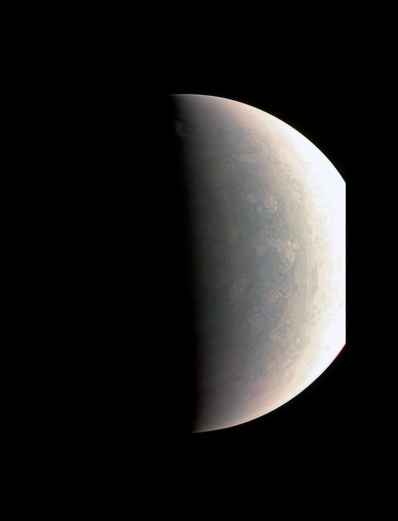 STORMY WEATHER. Juno was about 48,000 miles (78,000 kilometers) above Jupiter's polar cloud tops when it captured this view, showing storms and weather unlike anywhere else in the solar system. Image courtesy NASA/JPL-Caltech/SwRI/MSSS 