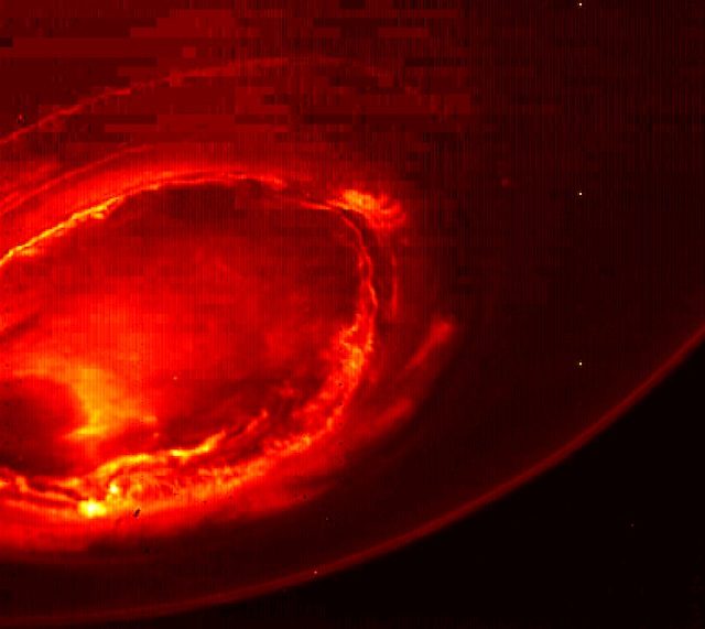 JOVIAN AURORA. This infrared image from Juno provides an unprecedented view of Jupiter's southern aurora. Such views are not possible from Earth. Image courtesy NASA/JPL-Caltech/SwRI/MSSS 