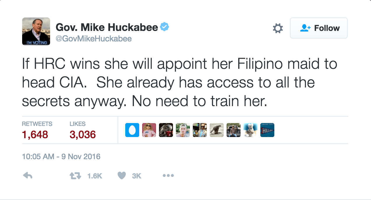 Ex-gov Huckabee posts racist tweet on Clinton’s Filipino housekeeper