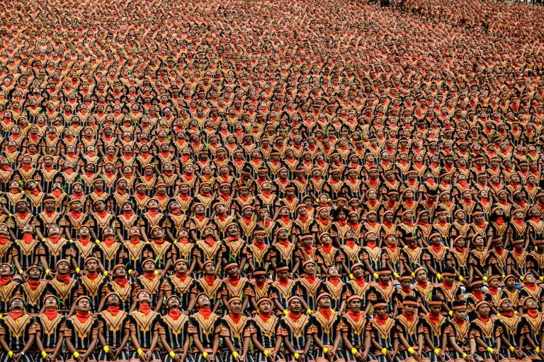 GAYO PEOPLE. Men take part in a rehearsal of a mass traditional Saman dance performance in the Gayo Lues highland district in Aceh on Indonesia's Sumatra island on August 12, 2017. Photo by Chaideer Mahyuddin/AFP   