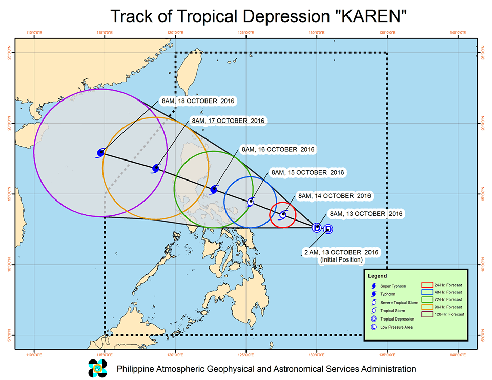 Forecast track of Tropical Depression Karen as of October 13, 11 am. Image courtesy of PAGASA 