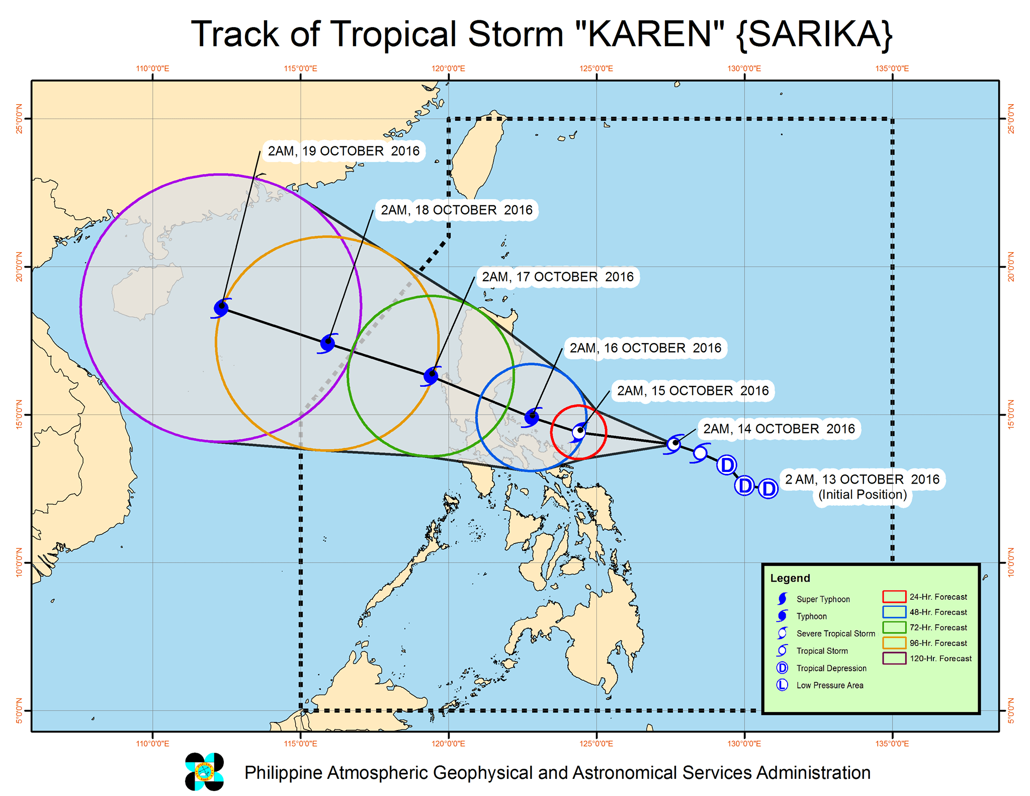 Forecast track of Tropical Storm Karen as of October 14, 5 am. Image courtesy of PAGASA    