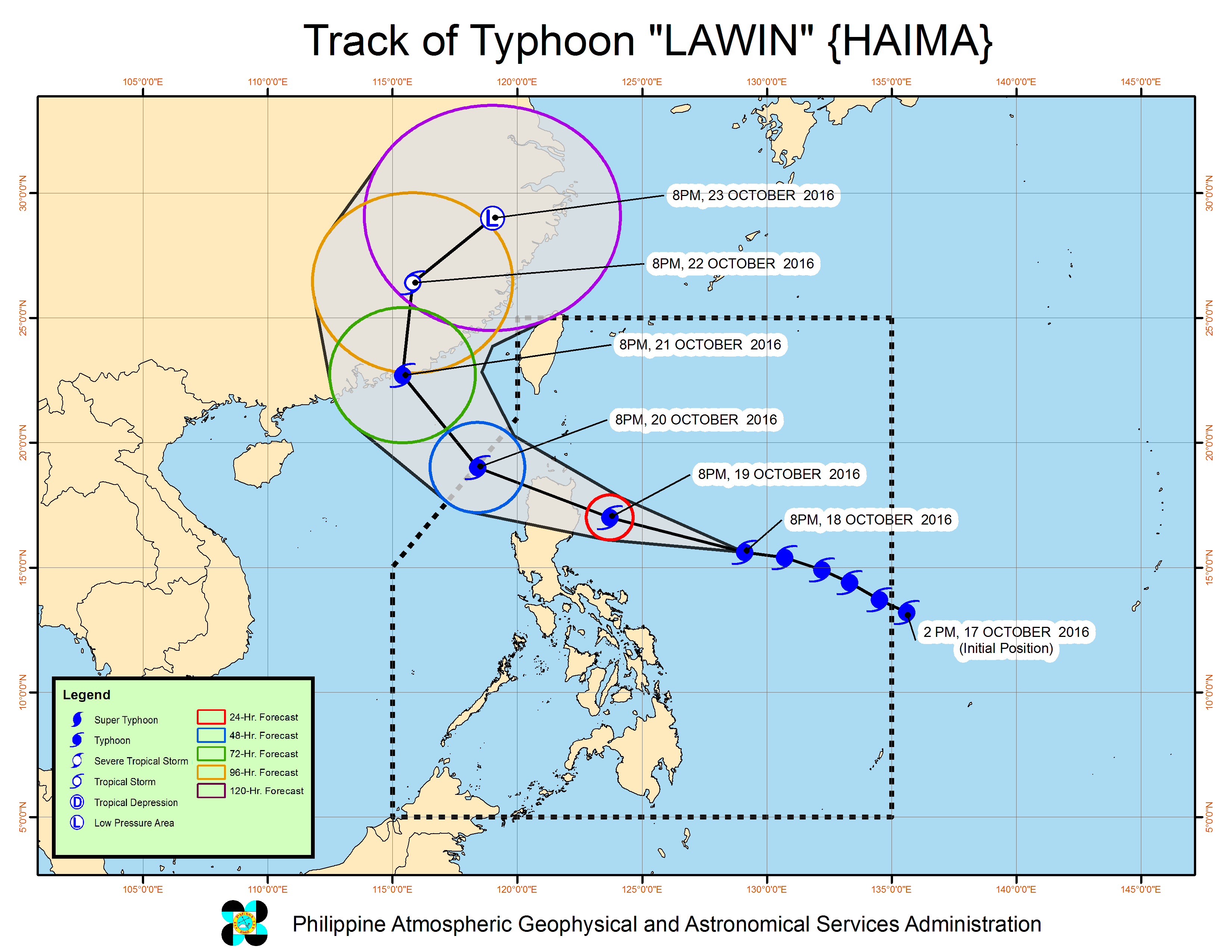 Forecast track of Typhoon Lawin as of October 18, 11 pm. Image courtesy of PAGASA  