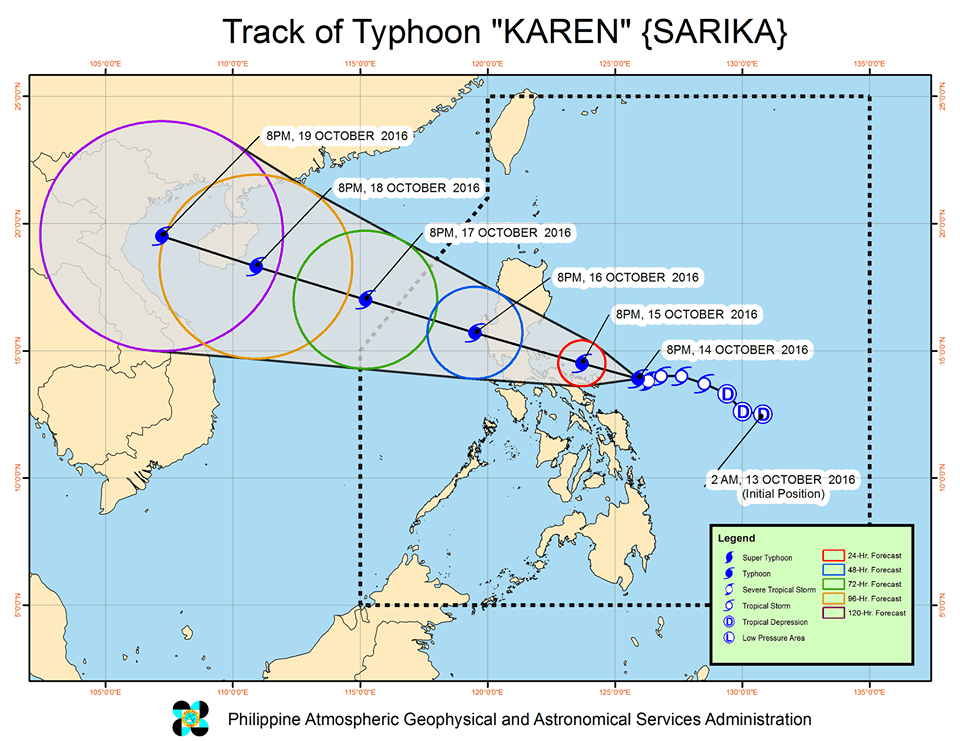 Forecast track of Typhoon Karen as of October 14, 11 pm. Image courtesy of PAGASA  