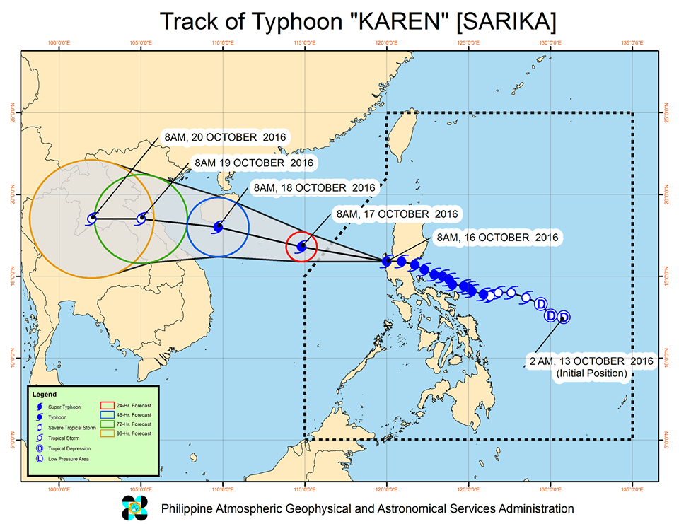 Forecast track of Typhoon Karen as of October 16, 11 am. Image courtesy of PAGASA  
