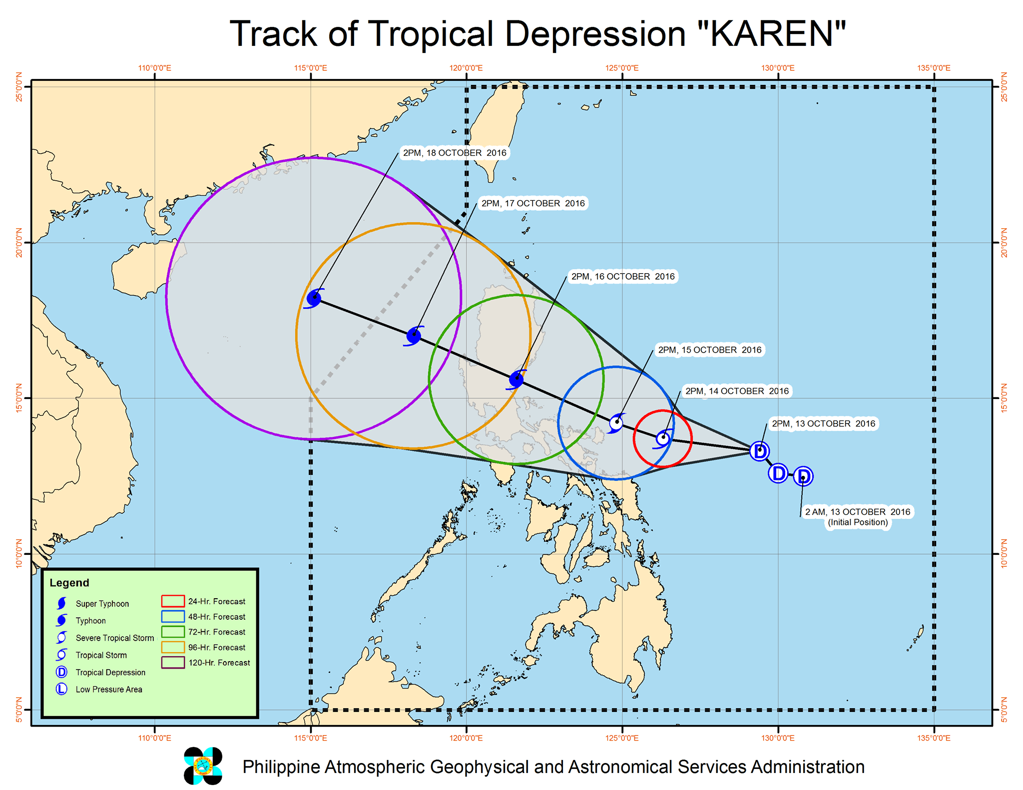 Forecast track of Tropical Depression Karen as of October 13, 5 pm. Image courtesy of PAGASA  