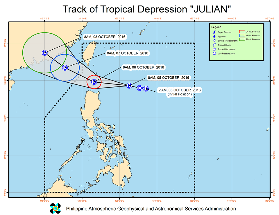 Forecast track of Tropical Depression Julian as of October 5, 11 am. Image courtesy of PAGASA  