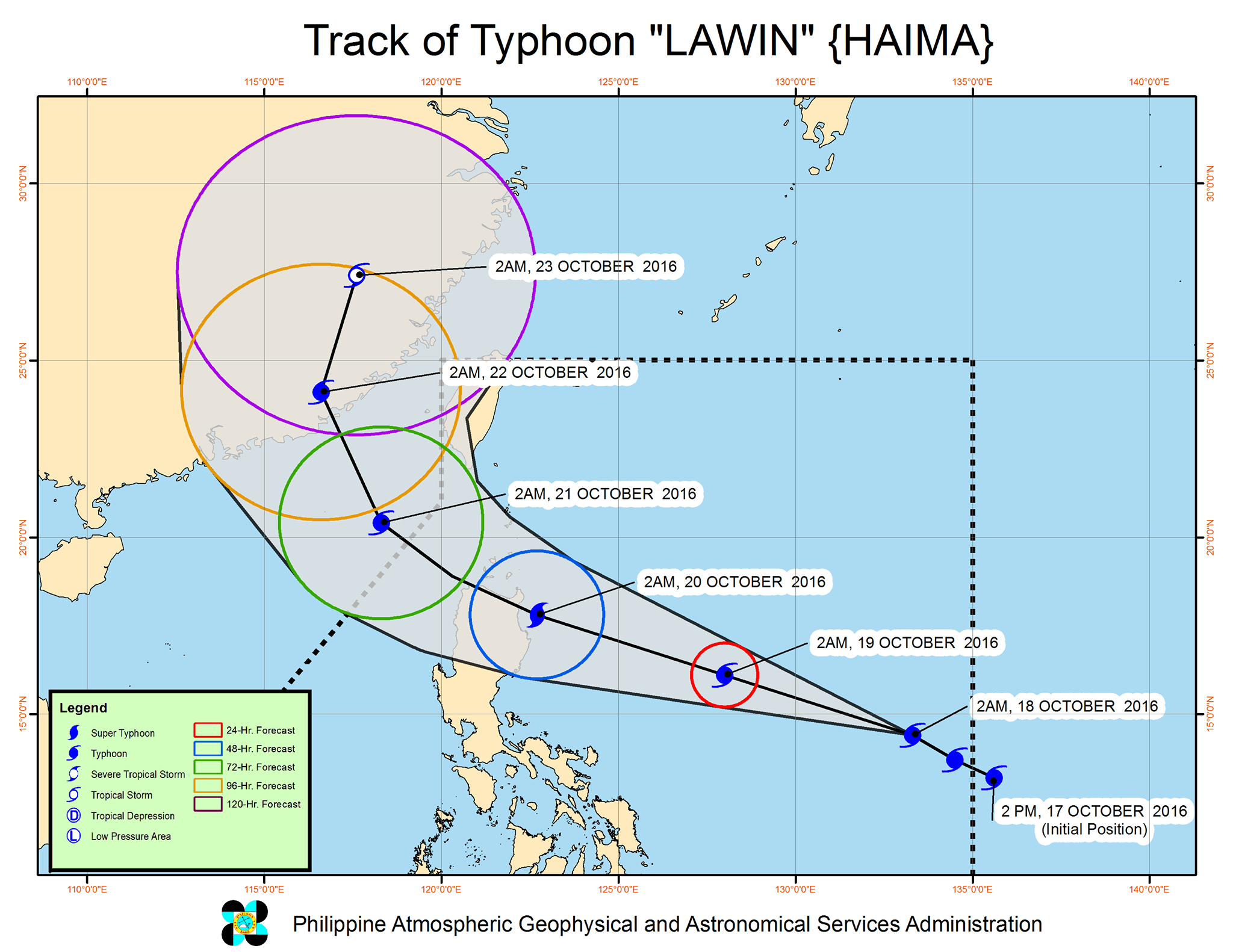 Forecast track of Typhoon Lawin as of October 18, 5 am. Image courtesy of PAGASA  