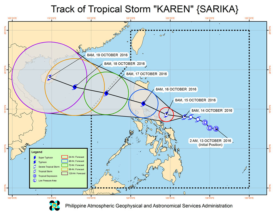 Forecast track of Tropical Storm Karen as of October 14, 11 am. Image courtesy of PAGASA     