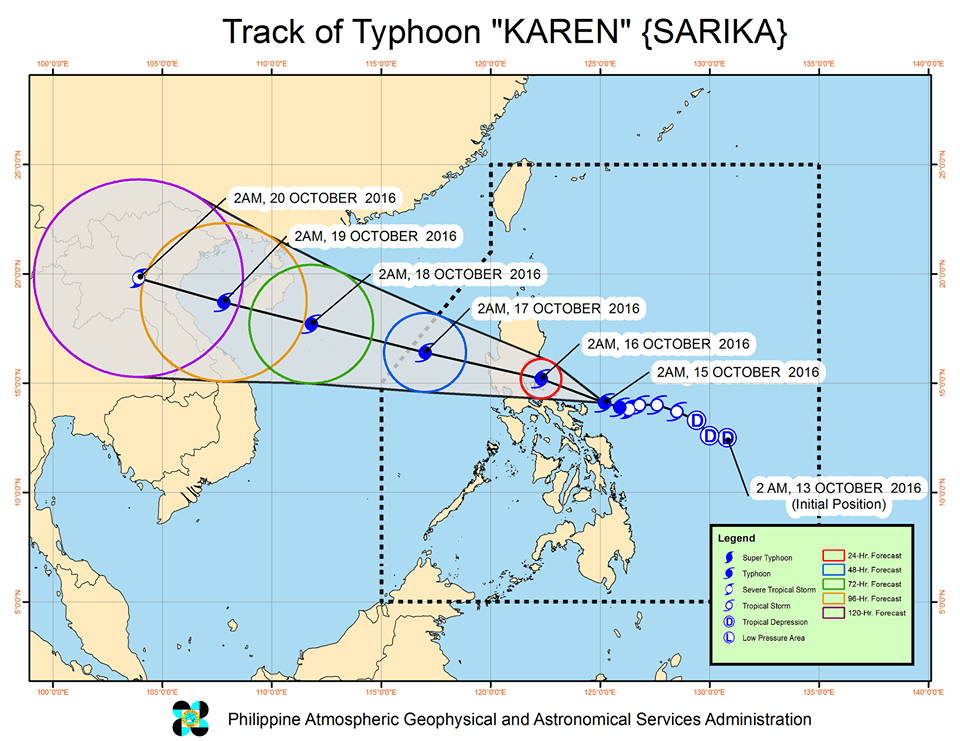 Forecast track of Typhoon Karen as of October 15, 5 am. Image courtesy of PAGASA   