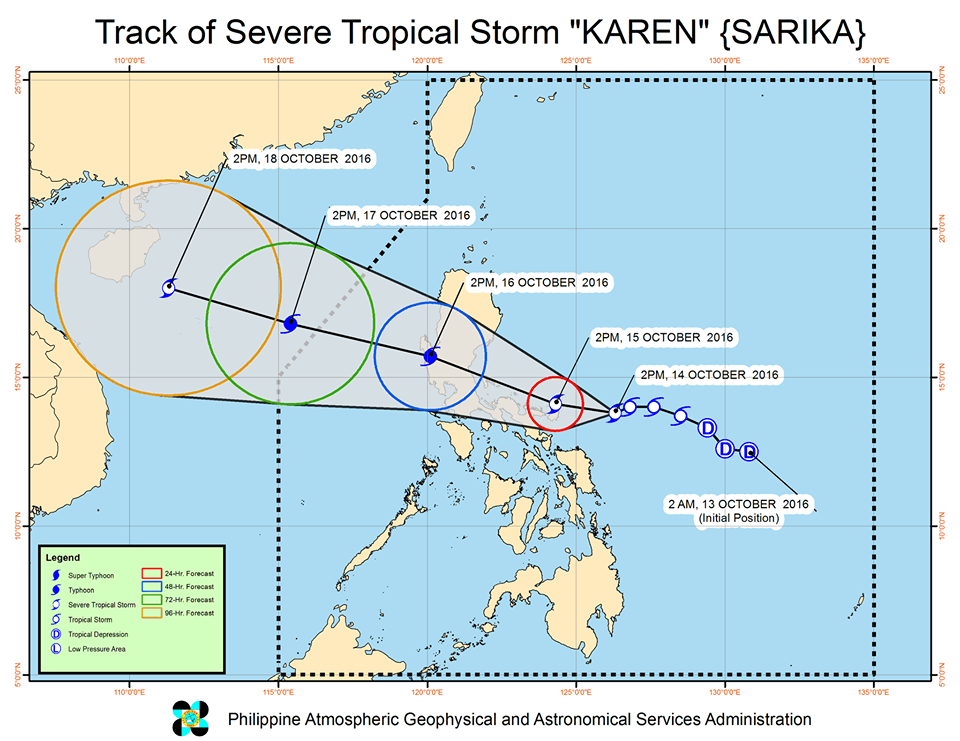 Forecast track of Severe Tropical Storm Karen as of October 14, 5 pm. Image courtesy of PAGASA 