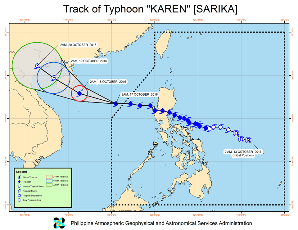 Forecast track of Typhoon Karen as of October 17, 4:30 am. Image courtesy of PAGASA 