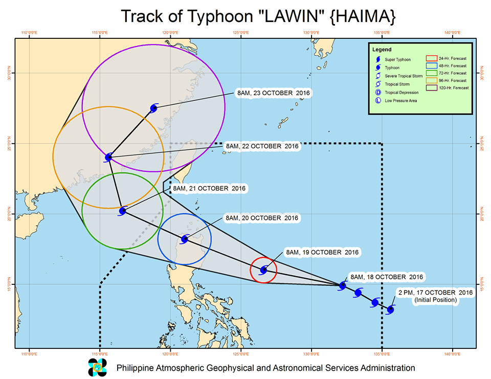 Forecast track of Typhoon Lawin as of October 18, 11 am. Image courtesy of PAGASA   