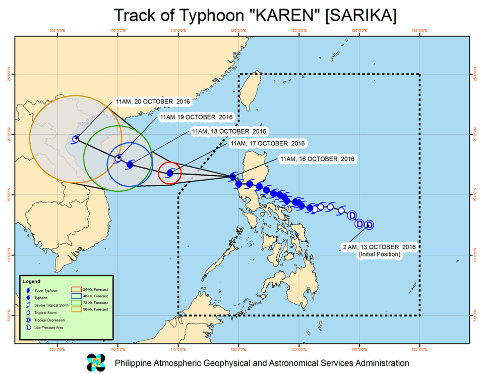 Forecast track of Typhoon Karen as of October 16, 2 pm. Image courtesy of PAGASA   