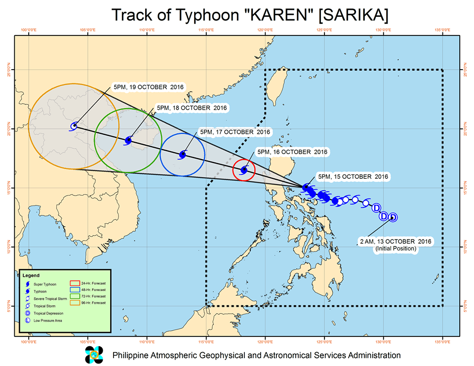 Forecast track of Typhoon Karen as of October 15, 8 pm. Image courtesy of PAGASA  