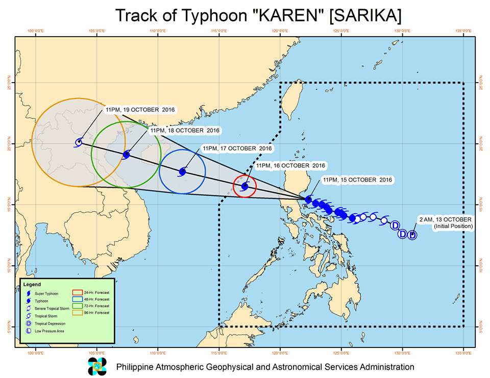 Forecast track of Typhoon Karen as of October 16, 2 am. Image courtesy of PAGASA 