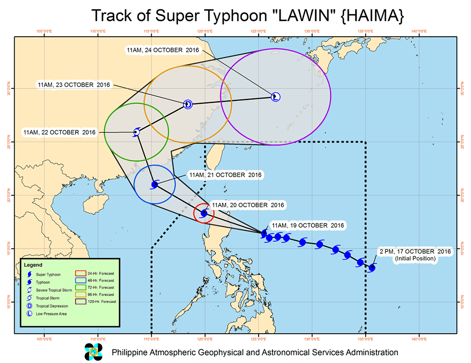 Forecast track of Super Typhoon Lawin as of October 19, 2 pm. Image courtesy of PAGASA 