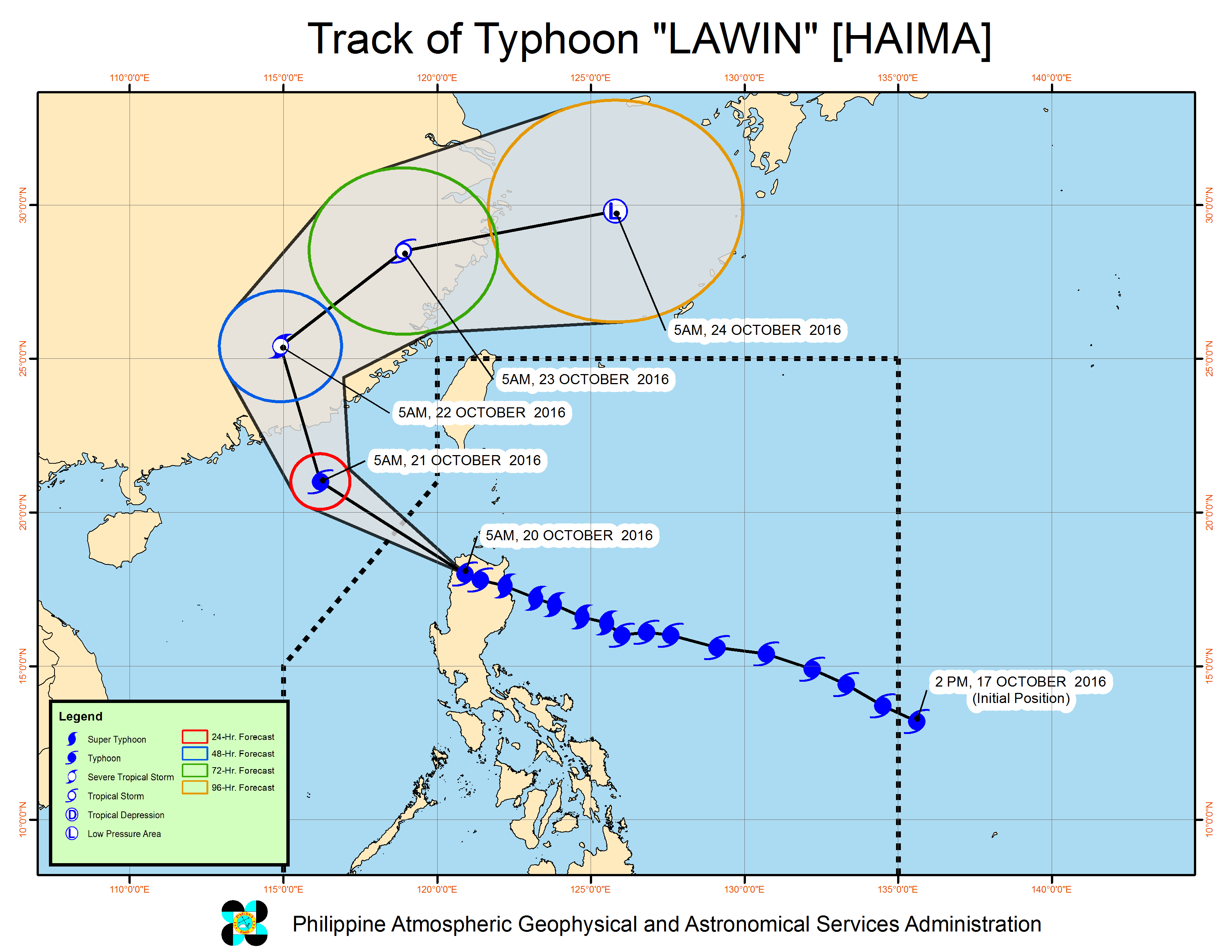 Forecast track of Typhoon Lawin as of October 20, 8 am. Image courtesy of PAGASA 