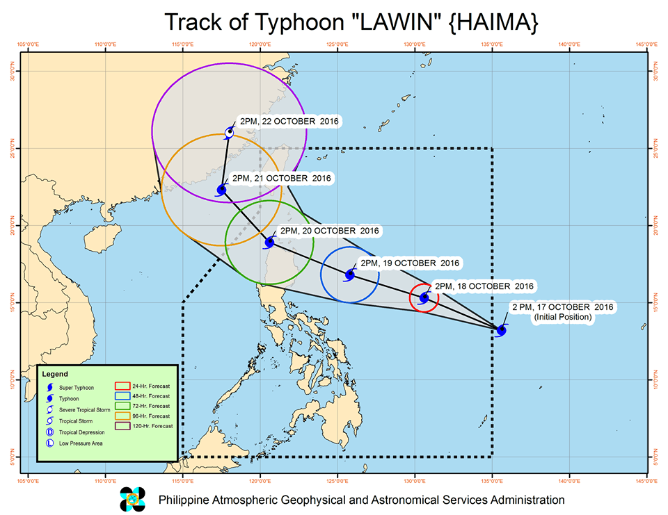 Forecast track of Typhoon Lawin as of October 17, 5 pm. Image courtesy of PAGASA    