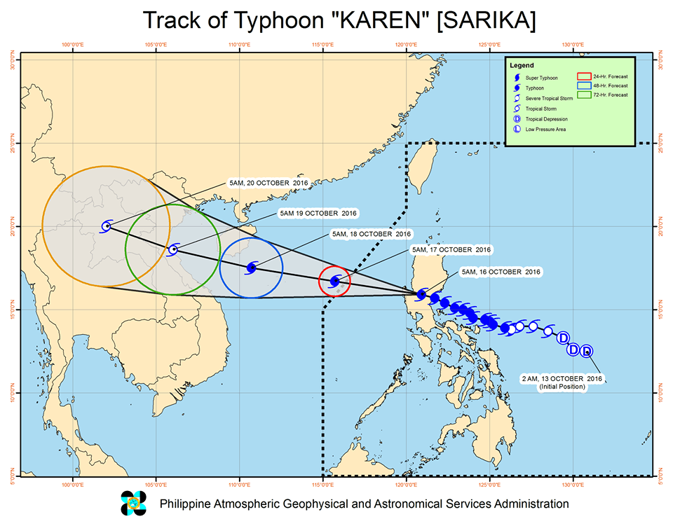 Forecast track of Typhoon Karen as of October 16, 8 am. Image courtesy of PAGASA 
