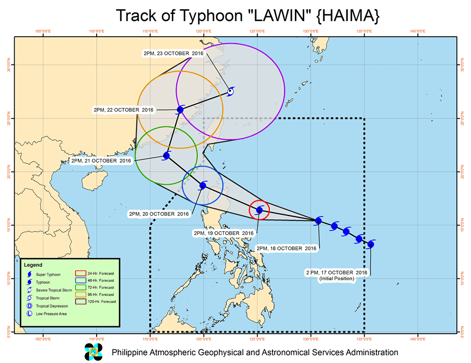 Forecast track of Typhoon Lawin as of October 18, 5 pm. Image courtesy of PAGASA    