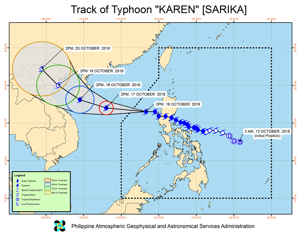 Forecast track of Typhoon Karen as of October 16, 5 pm. Image courtesy of PAGASA    