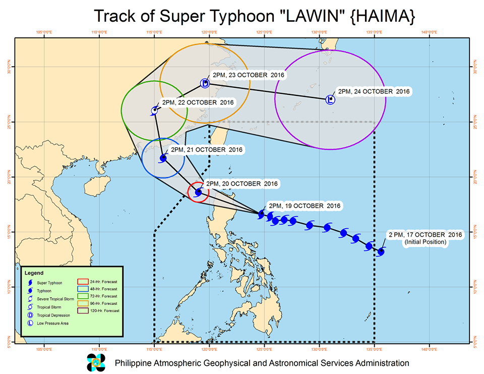 Forecast track of Super Typhoon Lawin as of October 19, 5 pm. Image courtesy of PAGASA 
