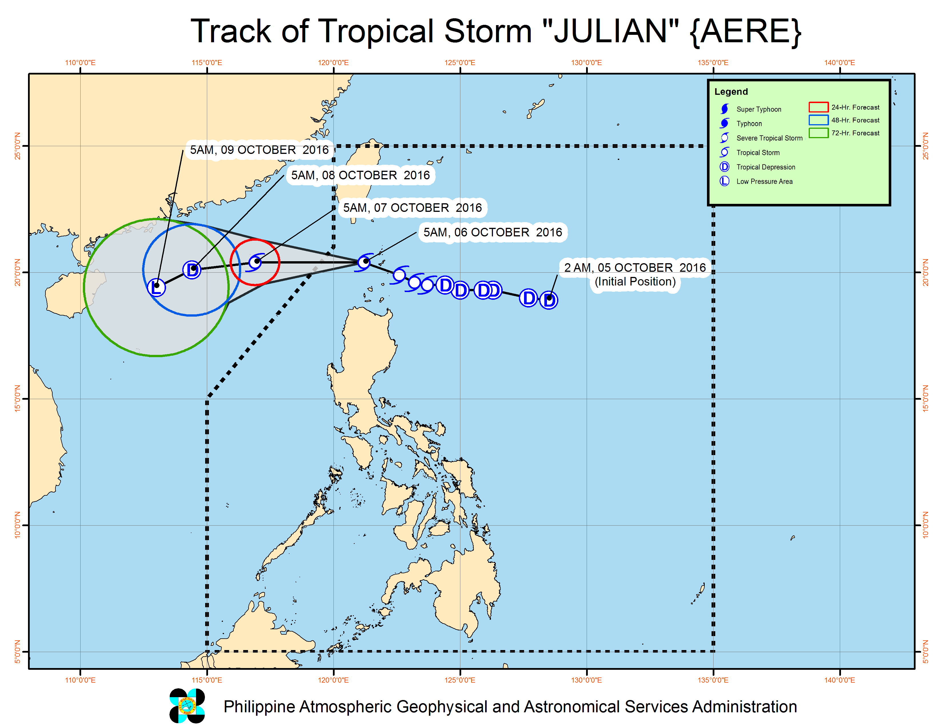 Forecast track of Tropical Storm Julian as of October 6, 8 am. Image courtesy of PAGASA  
