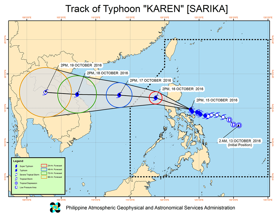Forecast track of Typhoon Karen as of October 15, 5 pm. Image courtesy of PAGASA 