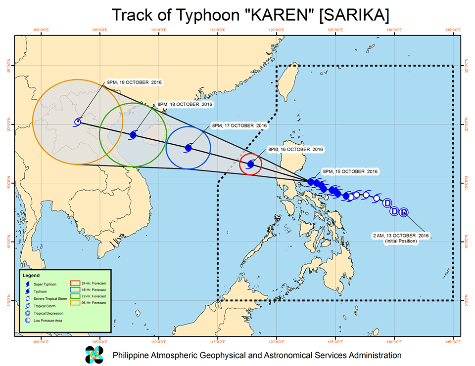 Forecast track of Typhoon Karen as of October 15, 11 pm. Image courtesy of PAGASA   