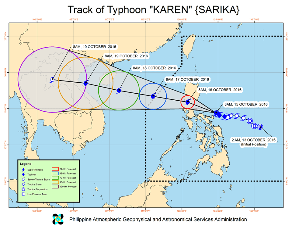 Forecast track of Typhoon Karen as of October 15, 11 am. Image courtesy of PAGASA    