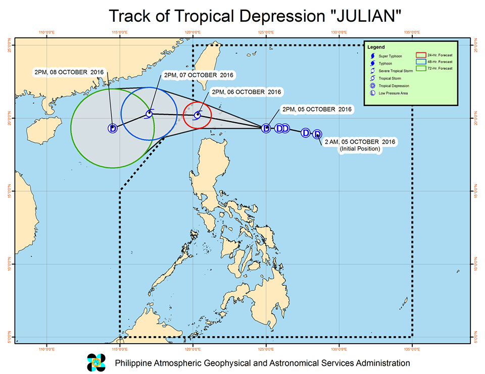 Forecast track of Tropical Depression Julian as of October 5, 5 pm. Image courtesy of PAGASA 