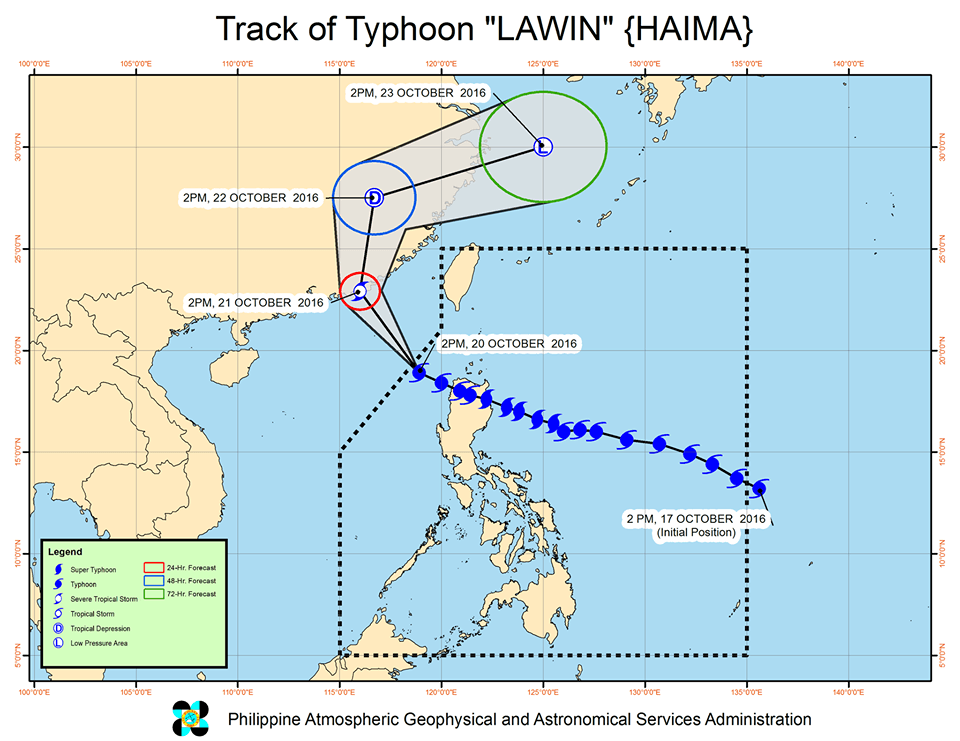 Forecast track of Typhoon Lawin as of October 20, 5 pm. Image courtesy of PAGASA  