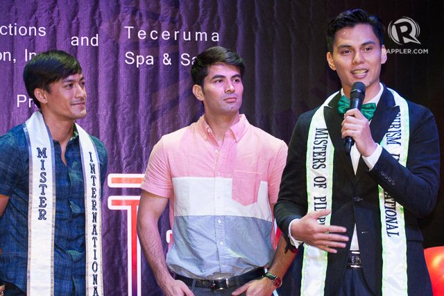 PREPARATIONS. Neil and Mister International 2013 Jose Paredes listen to Misters of the Philippines Tourism International Judah Cohen during his thank you message at the press conference. Photo by Rappler    