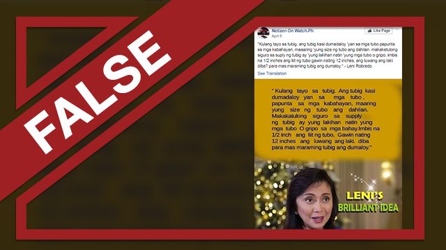 FALSE: Robredo ‘proposes widening pipes’ as solution to water crisis
