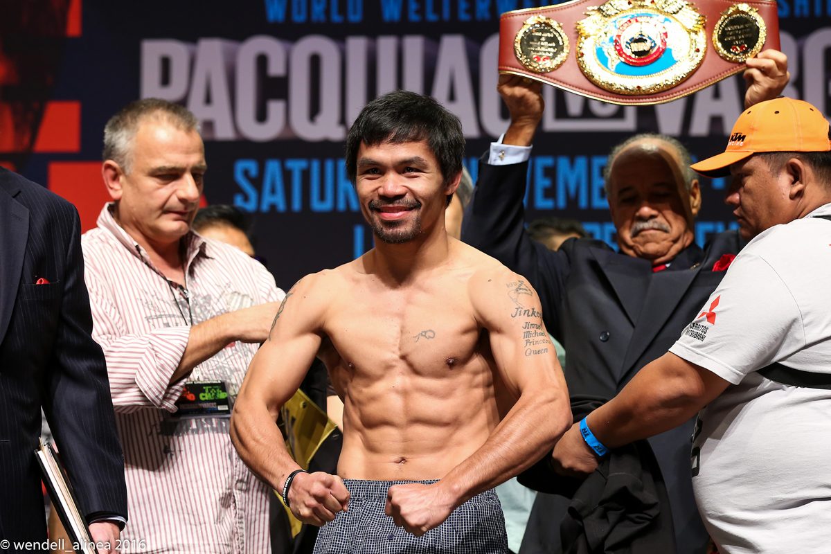 Manny Pacquiao weighed 144.8 pounds for his challenge of WBO welterweight champ Jessie Vargas. Photo by Wendell Alinea/Rappler 