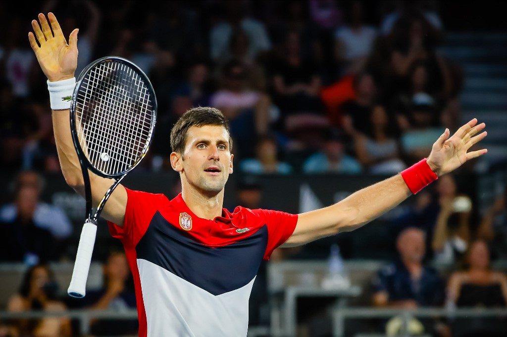 HOT START. Novak Djokovic celebrates his victory against Kevin Anderson during their men's singles match in the ATP Cup. Photo by Patrick Hamilton/AFP 