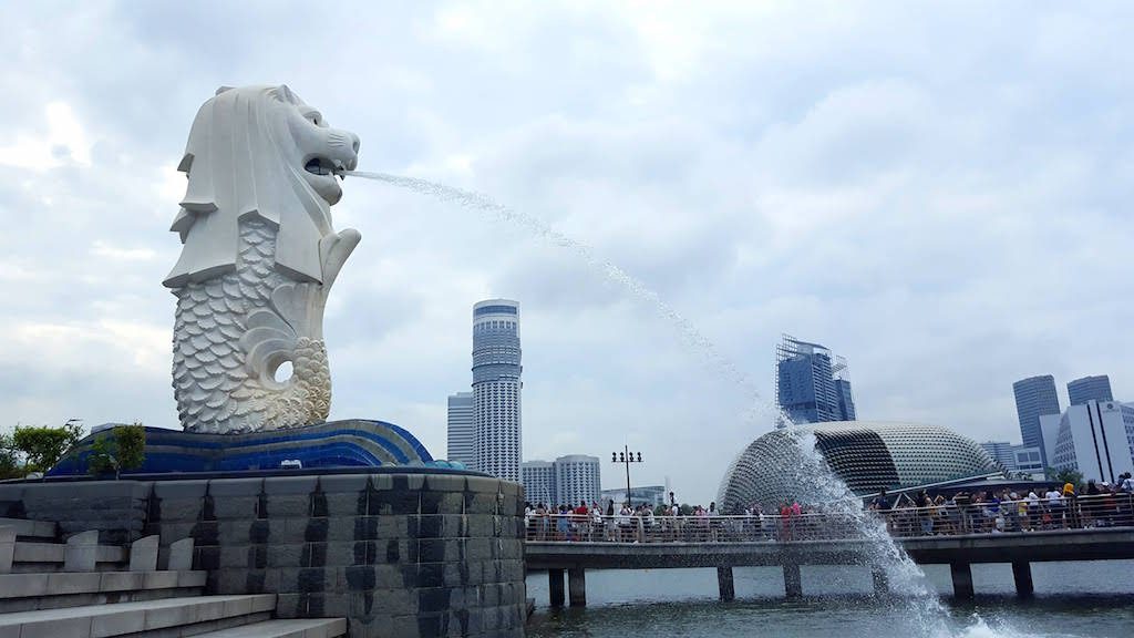 NATIONAL SYMBOL. The Merlion statue stands by Marina Bay. 