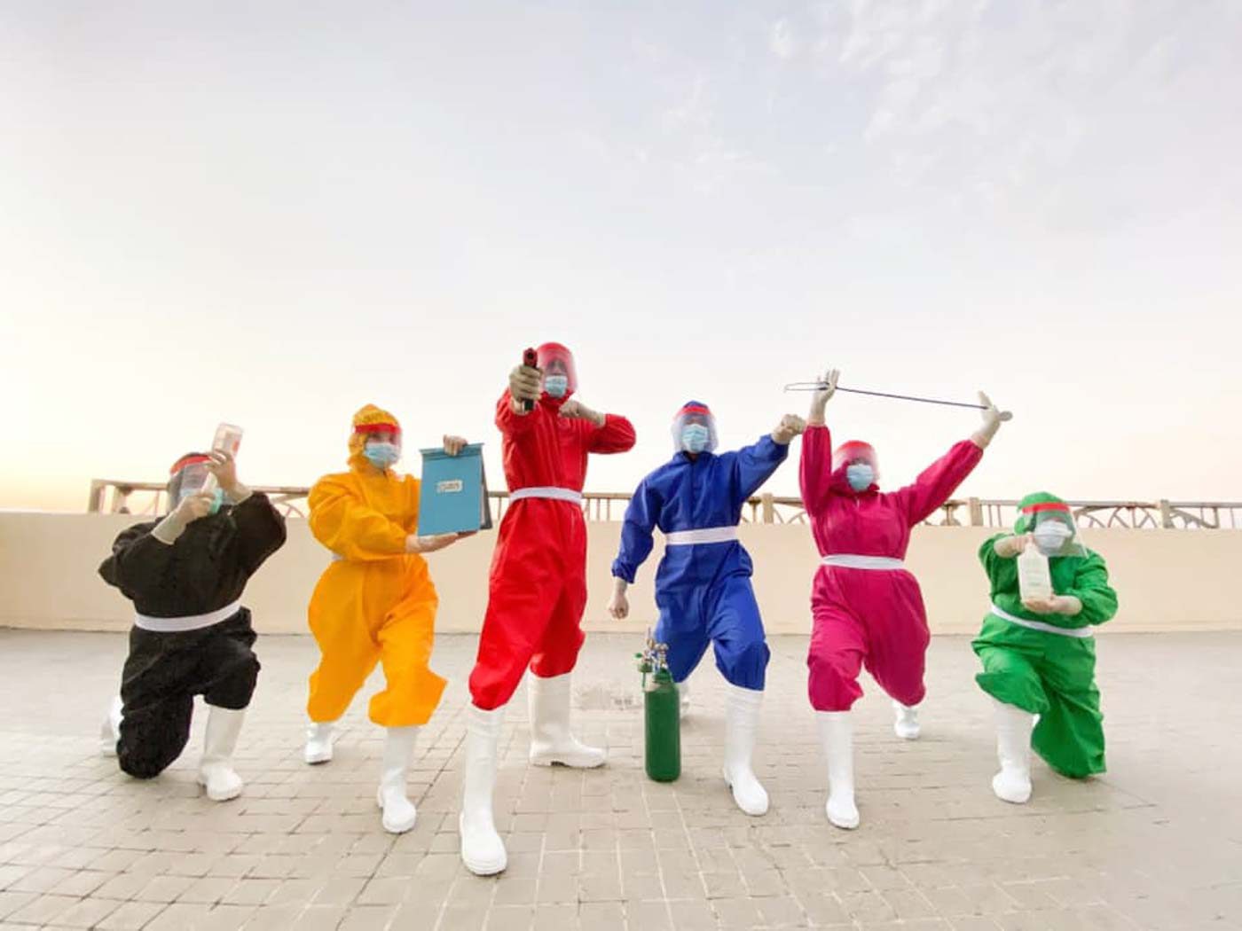 HAPPY COLORS. Ilonggo nurse and designer Adrian Pe made these colorful Power Rangers-inspired coveralls. Photos from Adrian Pe 